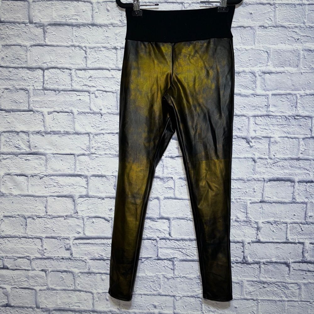 Assets by Spanx Black and Gold Faux Leather Leggings Size Medium